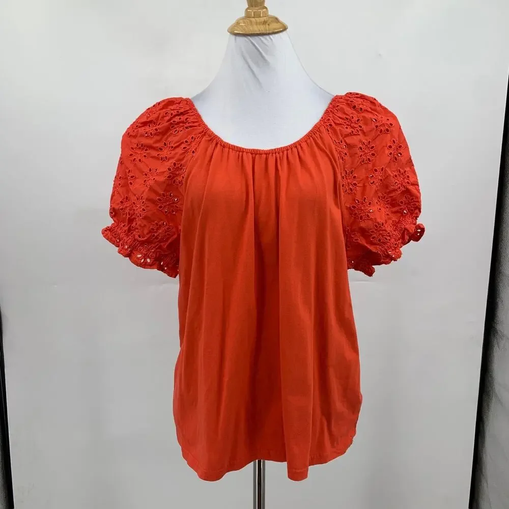 J Crew Top Womens L Large Pimento Cotton Eyelet Puff Sleeve Bow Tie Cutout Back